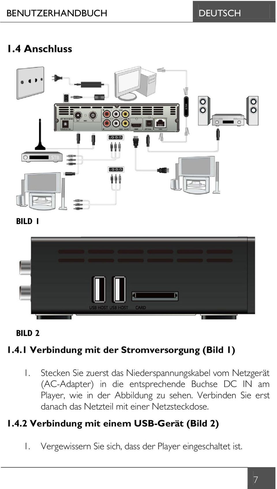 am Player, wie in der Abbildung zu sehen. Verbinden Sie erst danach das Netzteil mit einer Netzsteckdose.