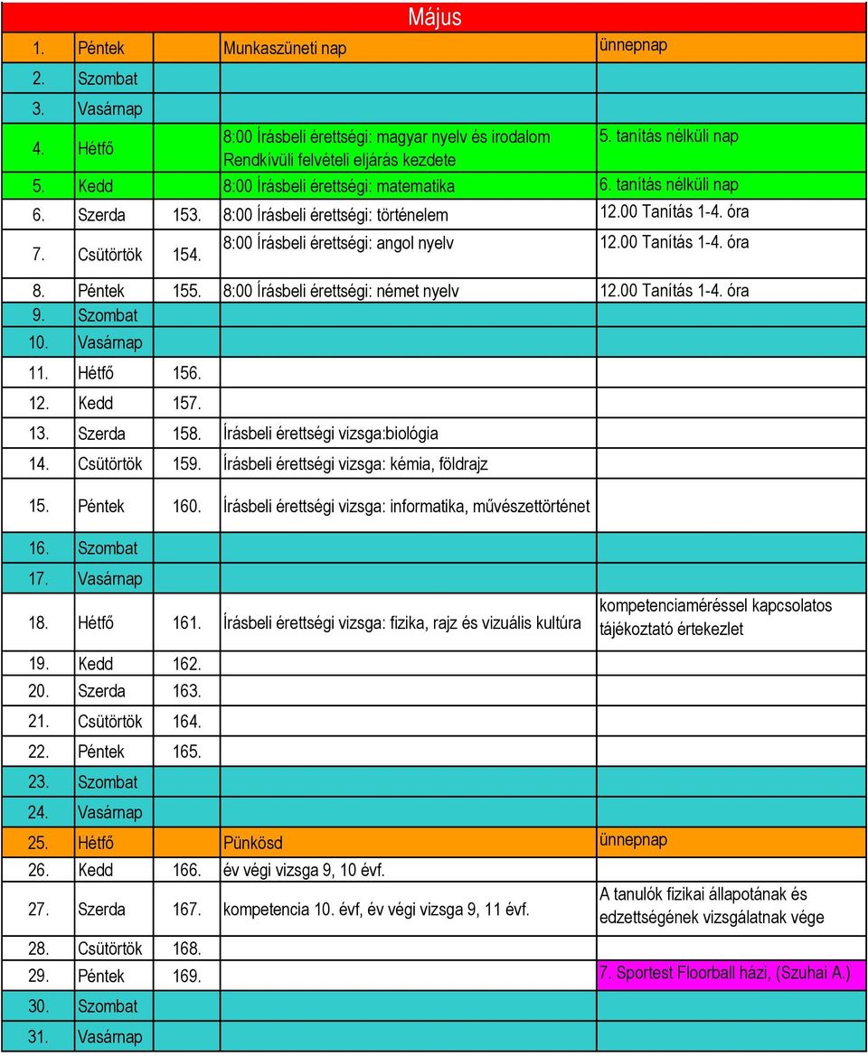 00 Tanítás 1-4. óra 8. Péntek 155. 8:00 Írásbeli érettségi: német nyelv 12.00 Tanítás 1-4. óra 9. Szombat 10. Vasárnap 11. Hétfő 156. 12. Kedd 157. 13. Szerda 158.