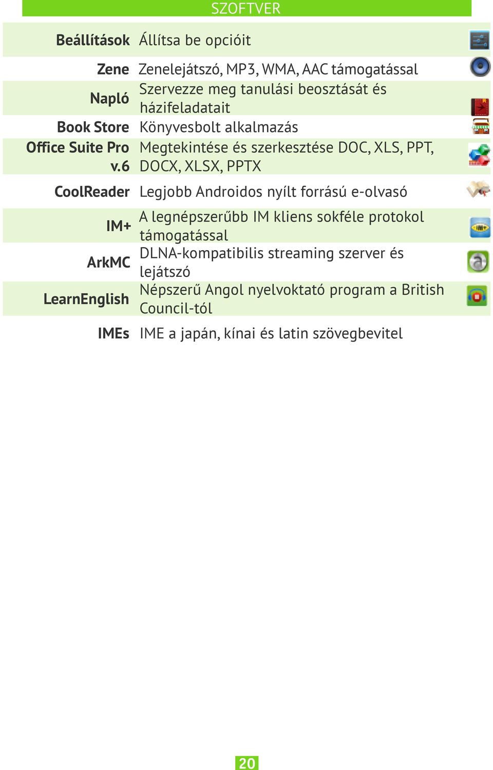 6 DOCX, XLSX, PPTX CoolReader Legjobb Androidos nyílt forrású e-olvasó IM+ ArkMC LearnEnglish A legnépszerűbb IM kliens sokféle protokol