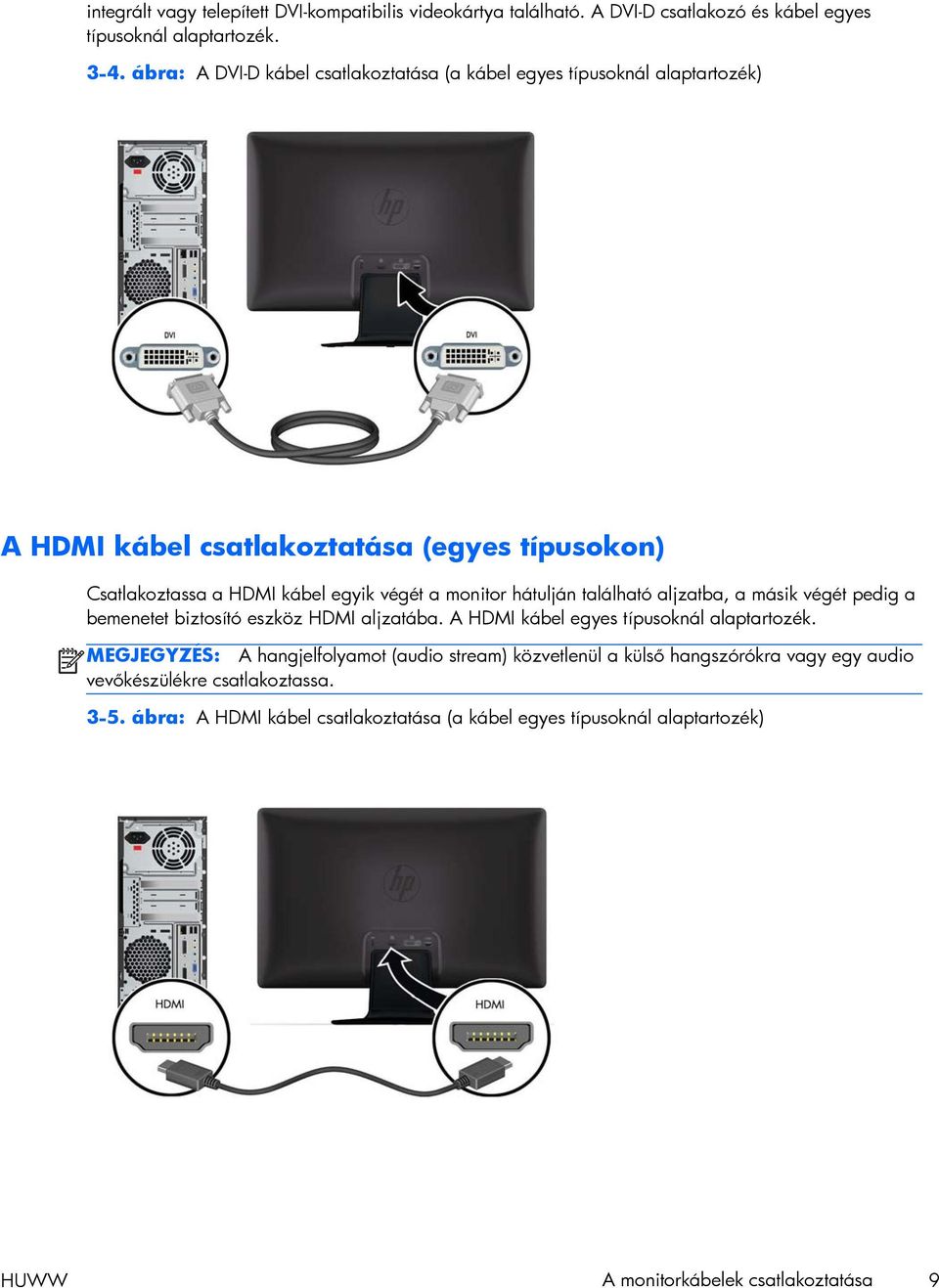 monitor hátulján található aljzatba, a másik végét pedig a bemenetet biztosító eszköz HDMI aljzatába. A HDMI kábel egyes típusoknál alaptartozék.