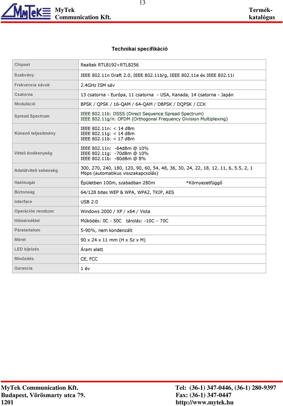 4GHz ISM sáv 13 csatorna - Európa, 11 csatorna - USA, Kanada, 14 csatorna - Japán BPSK / QPSK / 16-QAM / 64-QAM / DBPSK / DQPSK / CCK IEEE 802.11b: DSSS (Direct Sequence Spread Spectrum) IEEE 802.