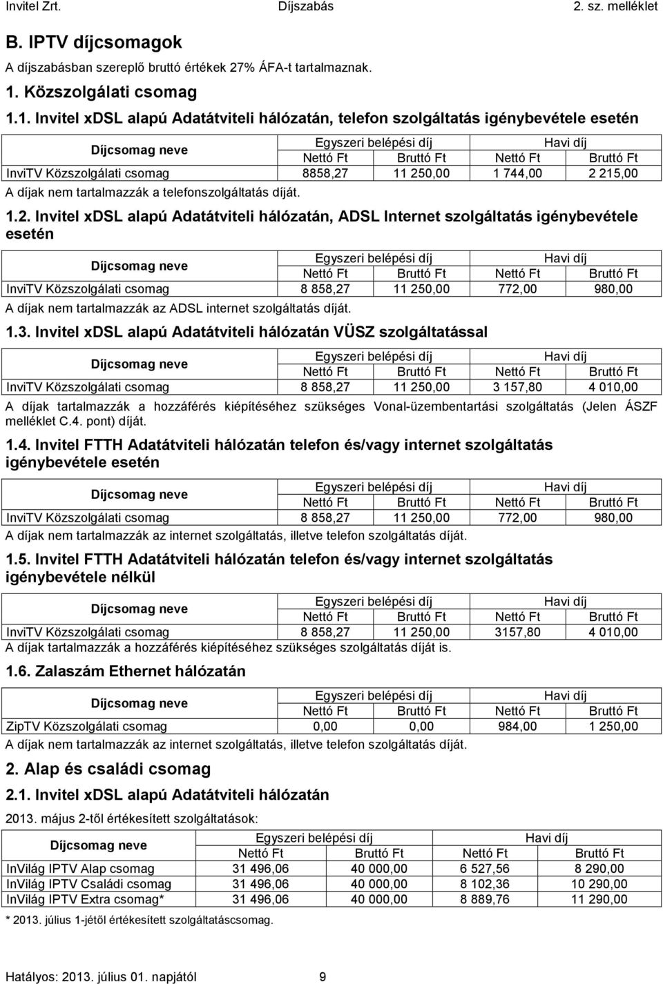 1. Invitel xdsl alapú Adatátviteli hálózatán, telefon szolgáltatás igénybevétele esetén Egyszeri belépési díj Havi díj Díjcsomag neve Nettó Ft Bruttó Ft Nettó Ft Bruttó Ft InviTV Közszolgálati csomag