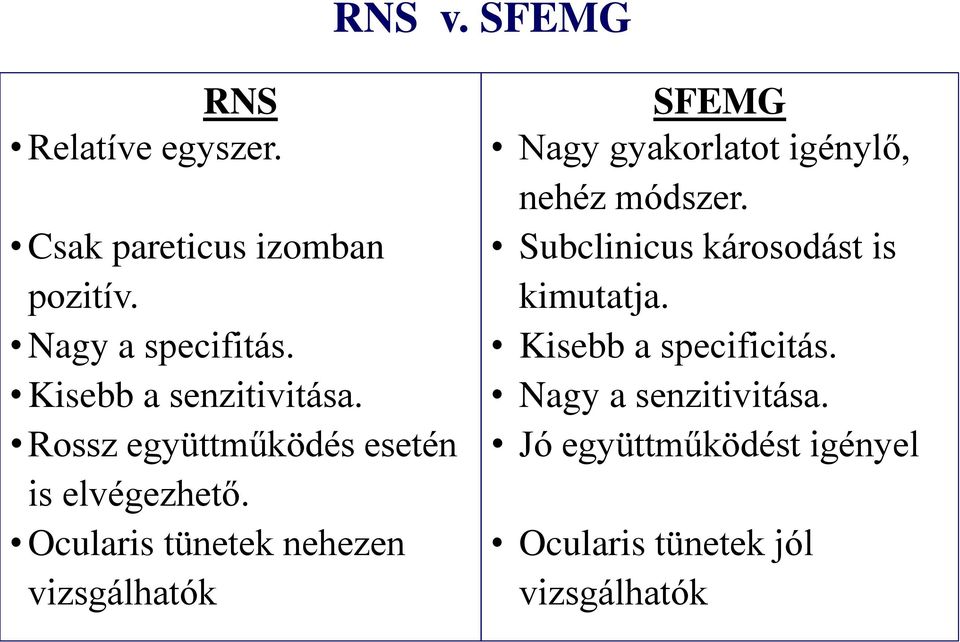 Ocularis tünetek nehezen vizsgálhatók SFEMG Nagy gyakorlatot igénylő, nehéz módszer.