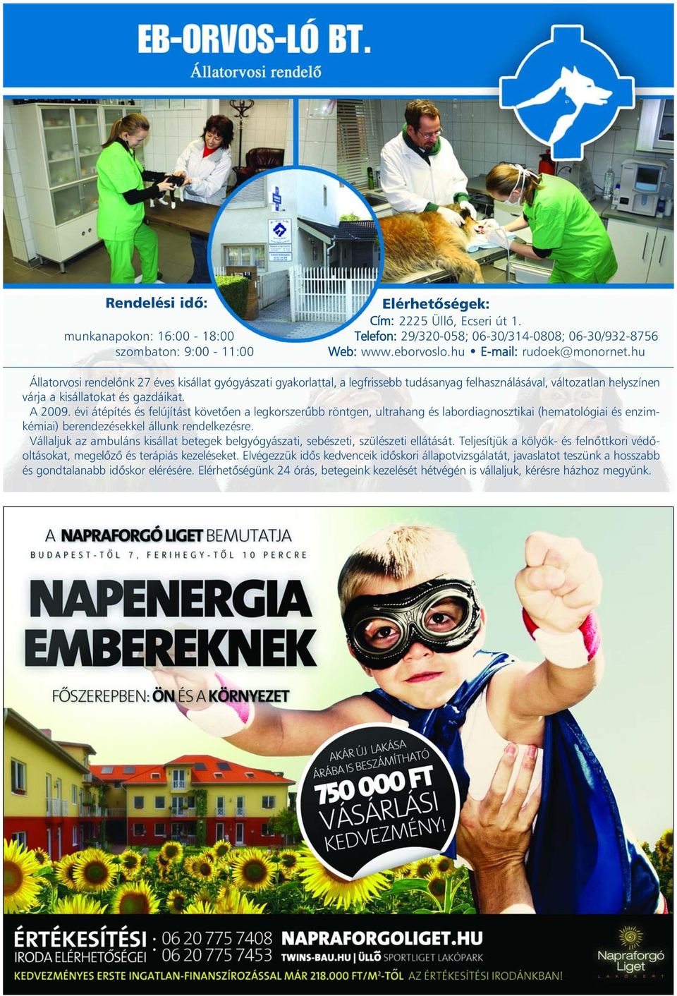 A 2009. évi átépítés és felújítást követõen a legkorszerûbb röntgen, ultrahang és labordiagnosztikai (hematológiai és enzimkémiai) berendezésekkel állunk rendelkezésre.