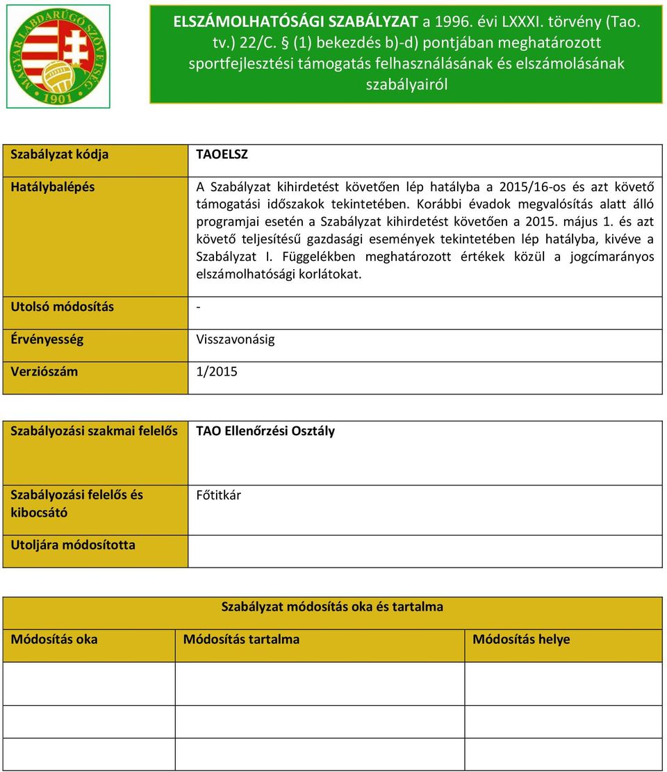 hatályba a 2015/16-os és azt követő támogatási időszakok tekintetében. Korábbi évadok megvalósítás alatt álló programjai esetén a Szabályzat kihirdetést követően a 2015. május 1.