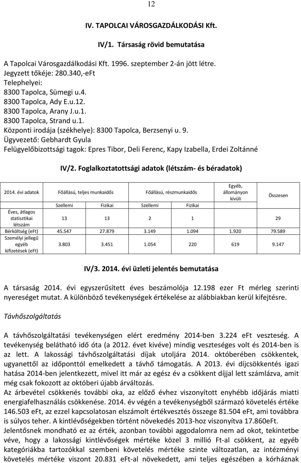 Ügyvezető: Gebhardt Gyula Felügyelőbizottsági tagok: Epres Tibor, Deli Ferenc, Kapy Izabella, Erdei Zoltánné IV/2. Foglalkoztatottsági adatok (létszám- és béradatok) Egyéb, 2014.