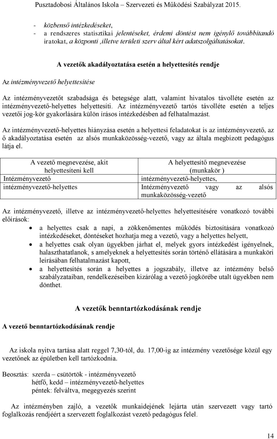 intézményvezető-helyettes helyettesíti. Az intézményvezető tartós távolléte esetén a teljes vezetői jog-kör gyakorlására külön írásos intézkedésben ad felhatalmazást.