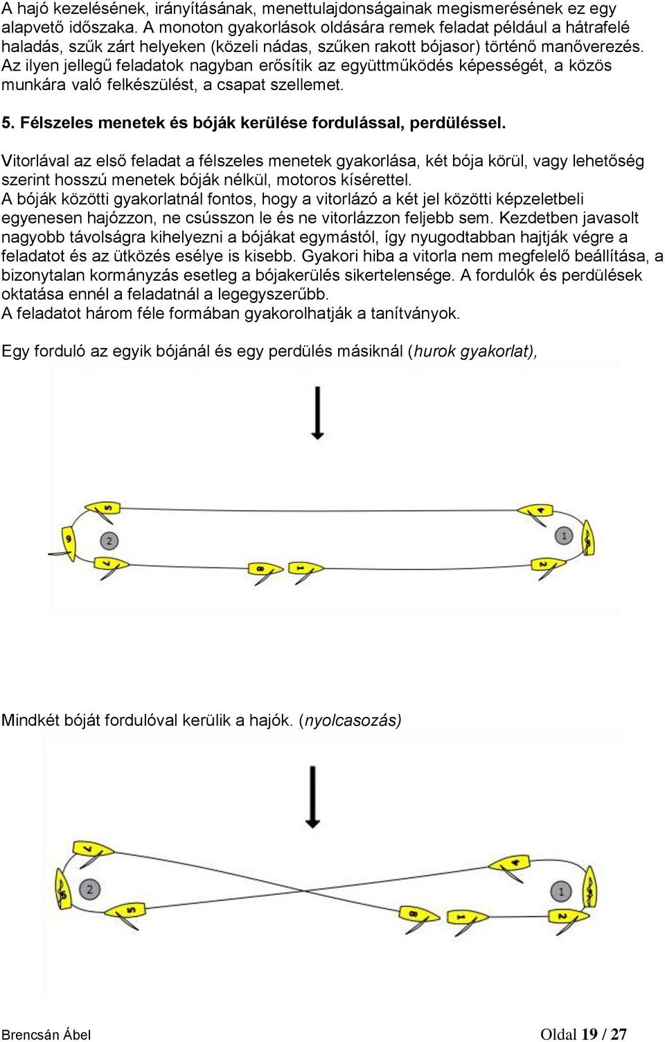 Az ilyen jellegű feladatok nagyban erősítik az együttműködés képességét, a közös munkára való felkészülést, a csapat szellemet. 5. Félszeles menetek és bóják kerülése fordulással, perdüléssel.