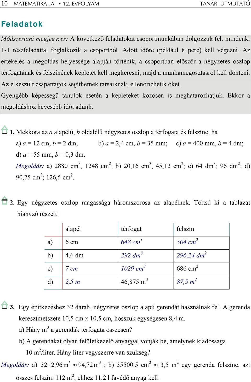 Az értékelés a megoldás helyessége alapján történik, a csoportban először a négyzetes oszlop térfogatának és felszínének képletét kell megkeresni, majd a munkamegosztásról kell dönteni.