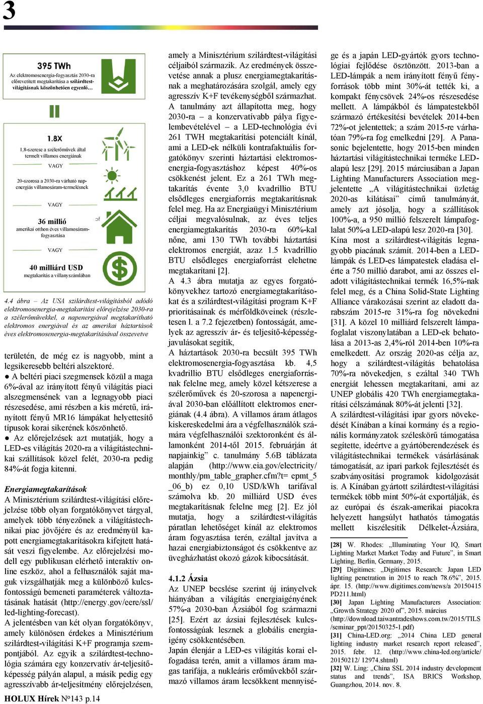 4 ábra Az USA szilárdtest-világításból adódó elektromosenergia-megtakarítási előrejelzése 2030-ra a szélerőművekkel, a napenergiával megtakarítható elektromos energiával és az amerikai háztartások