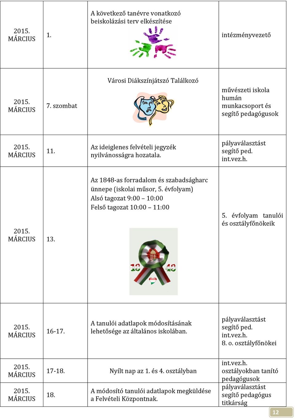 Az 1848-as forradalom és szabadságharc ünnepe (iskolai műsor, 5. évfolyam) Alsó tagozat 9:00 10:00 Felső tagozat 10:00 11:00 5.