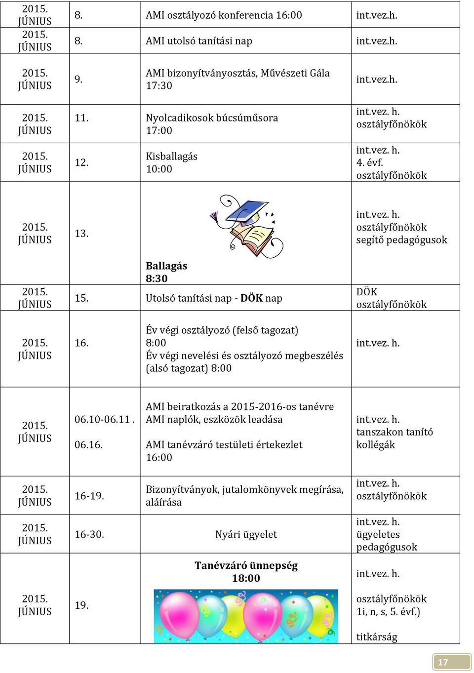 Év végi osztályozó (felső tagozat) 8:00 Év végi nevelési és osztályozó megbeszélés (alsó tagozat) 8:00 06.10-06.11. 06.16.