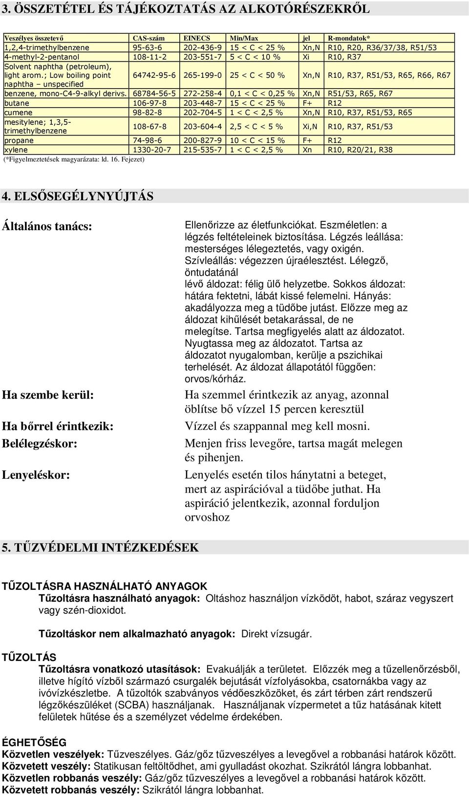 ; Low boiling point 64742-95-6 265-199-0 25 < C < 50 % Xn,N R10, R37, R51/53, R65, R66, R67 naphtha unspecified benzene, mono-c4-9-alkyl derivs.