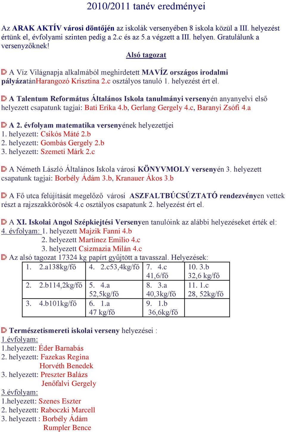 A Talentum Református Általános Iskola tanulmányi versenyén anyanyelvi első helyezett csapatunk tagjai: Bati Erika 4.b, Gerlang Gergely 4.c, Baranyi Zsófi 4.a A 2.