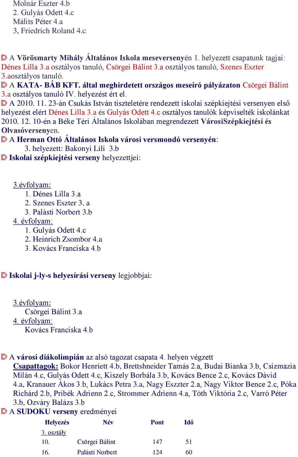 helyezést ért el. A 2010. 11. 23-án Csukás István tiszteletére rendezett iskolai szépkiejtési versenyen első helyezést elért Dénes Lilla 3.a és Gulyás Odett 4.