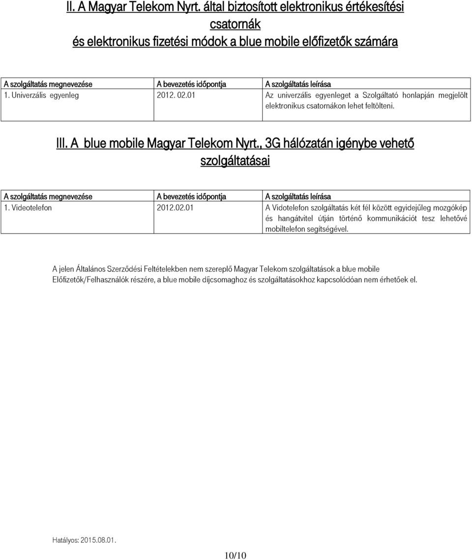 Univerzális egyenleg 2012. 02.01 Az univerzális egyenleget a Szolgáltató honlapján megjelölt elektronikus csatornákon lehet feltölteni. III. A blue mobile Magyar Telekom Nyrt.