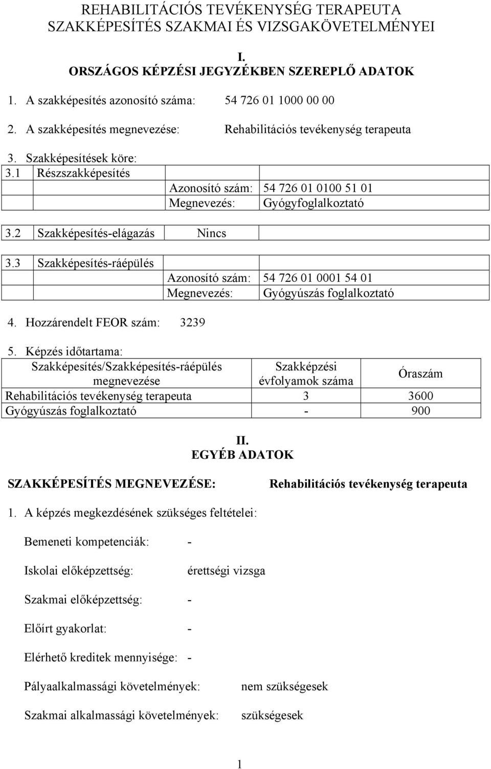 2 Szakképesítés-elágazás Nincs 3.3 Szakképesítés-ráépülés zonosító szám: 54 726 01 0001 54 01 Megnevezés: Gyógyúszás foglalkoztató 4. Hozzárendelt FEOR szám: 3239 5.