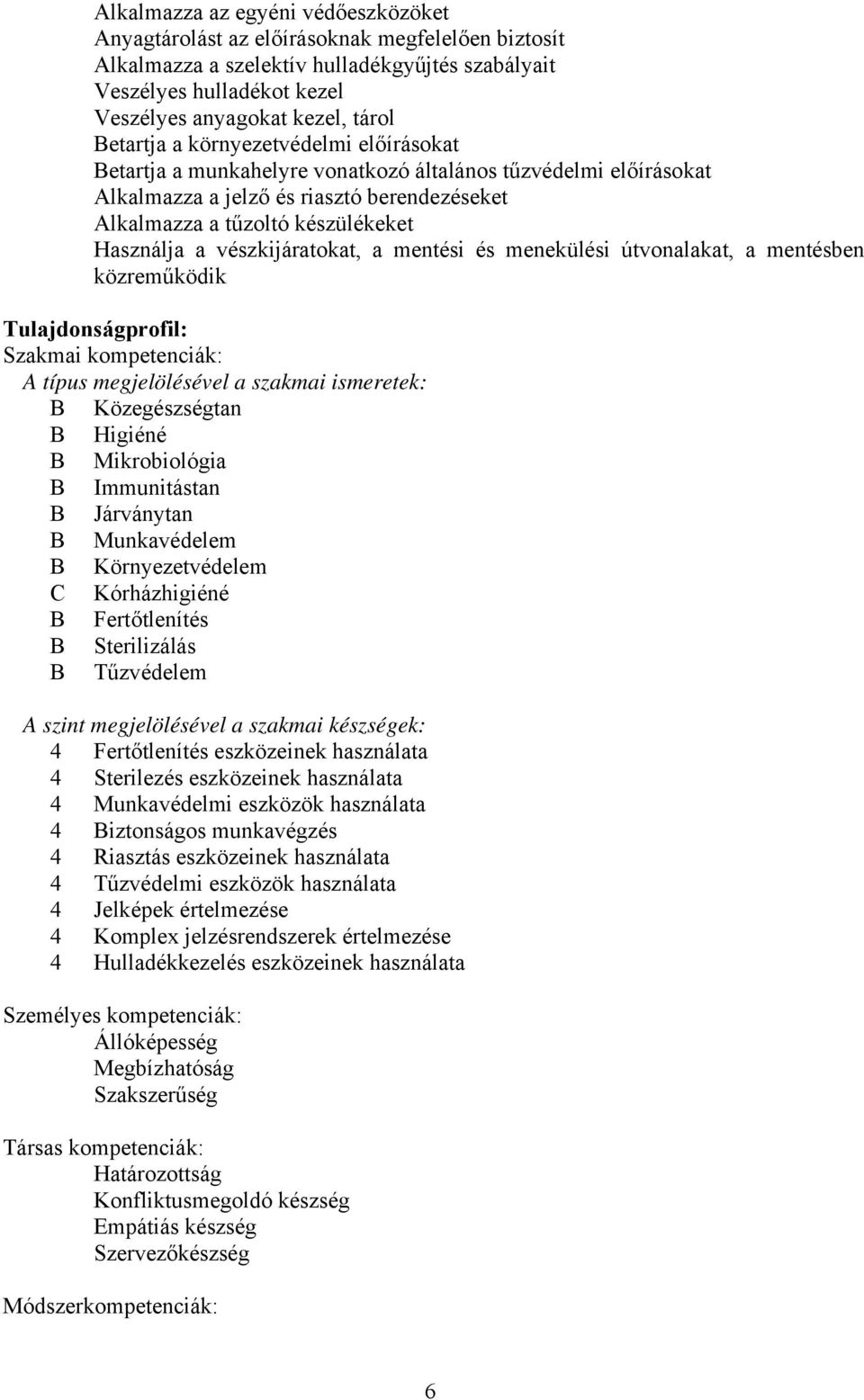 vészkijáratokat, a mentési és menekülési útvonalakat, a mentésben közreműködik Tulajdonságprofil: Szakmai kompetenciák: típus megjelölésével a szakmai ismeretek: B Közegészségtan B Higiéné B