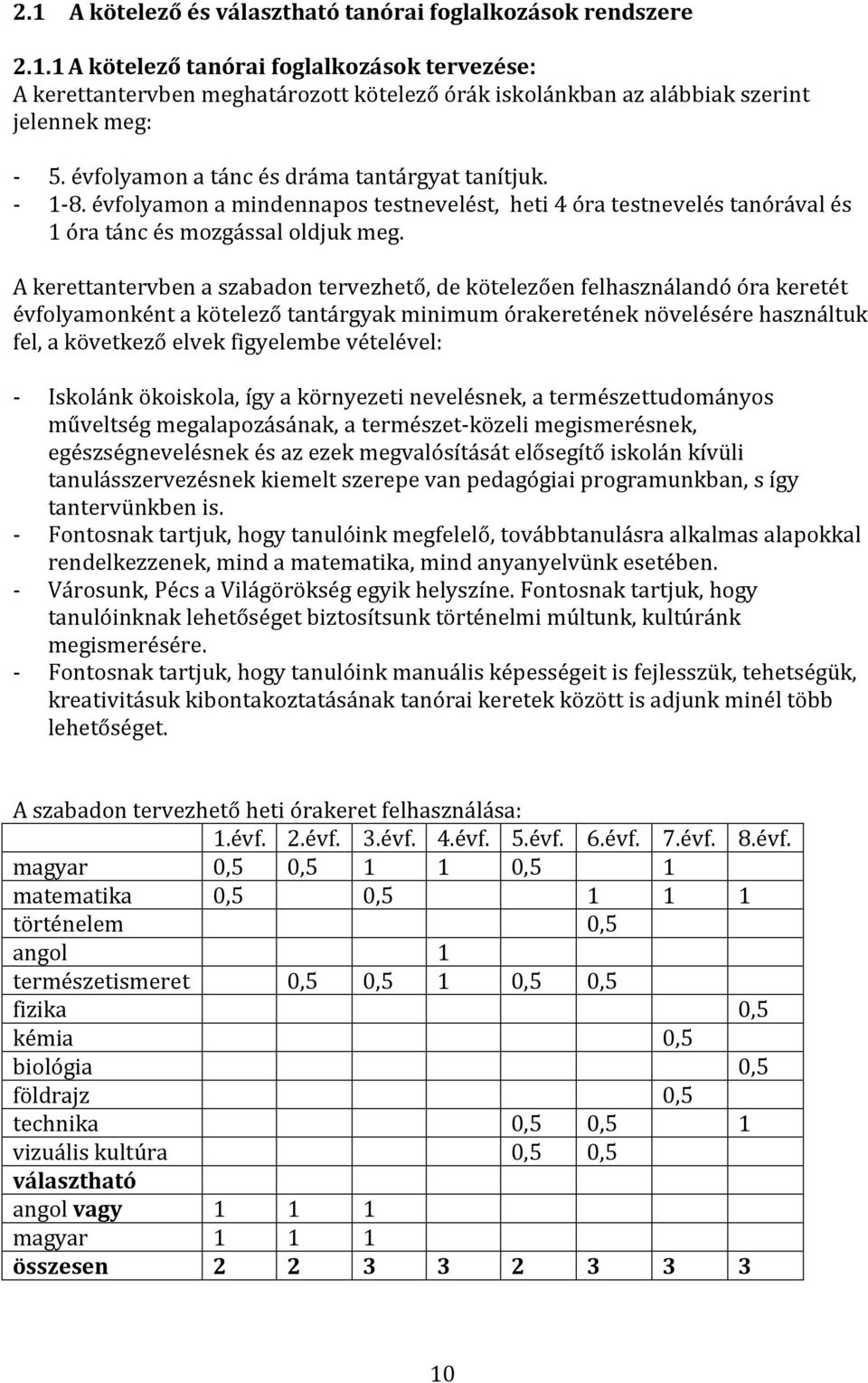 A kerettantervben a szabadon tervezhető, de kötelezően felhasználandó óra keretét évfolyamonként a kötelező tantárgyak minimum órakeretének növelésére használtuk fel, a következő elvek figyelembe