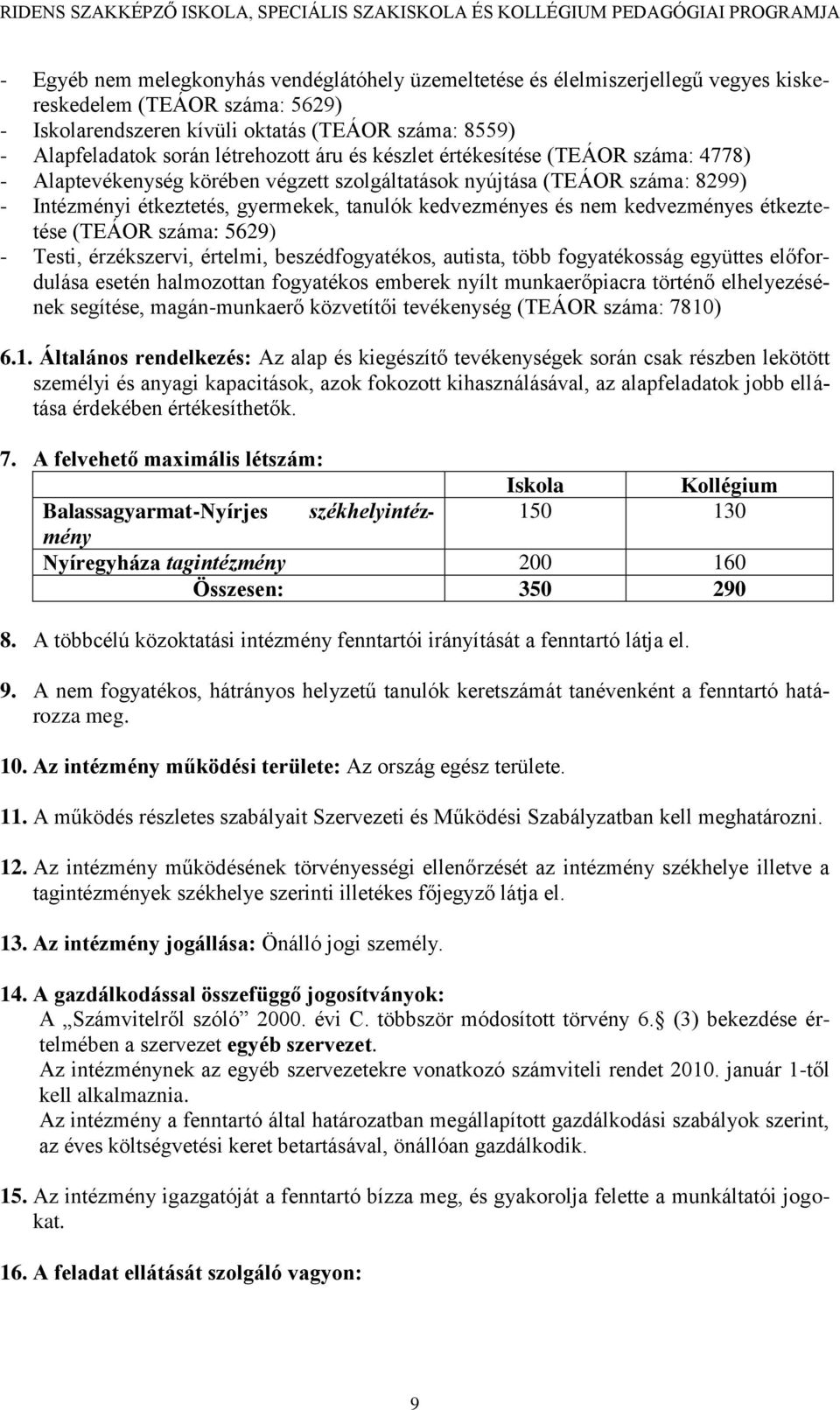 nem kedvezményes étkeztetése (TEÁOR száma: 5629) - Testi, érzékszervi, értelmi, beszédfogyatékos, autista, több fogyatékosság együttes előfordulása esetén halmozottan fogyatékos emberek nyílt