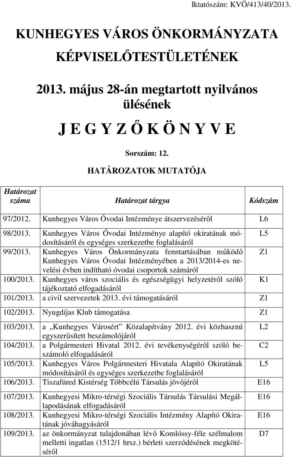 Kunhegyes Város Óvodai Intézménye alapító okiratának módosításáról L5 és egységes szerkezetbe foglalásáról 99/2013.