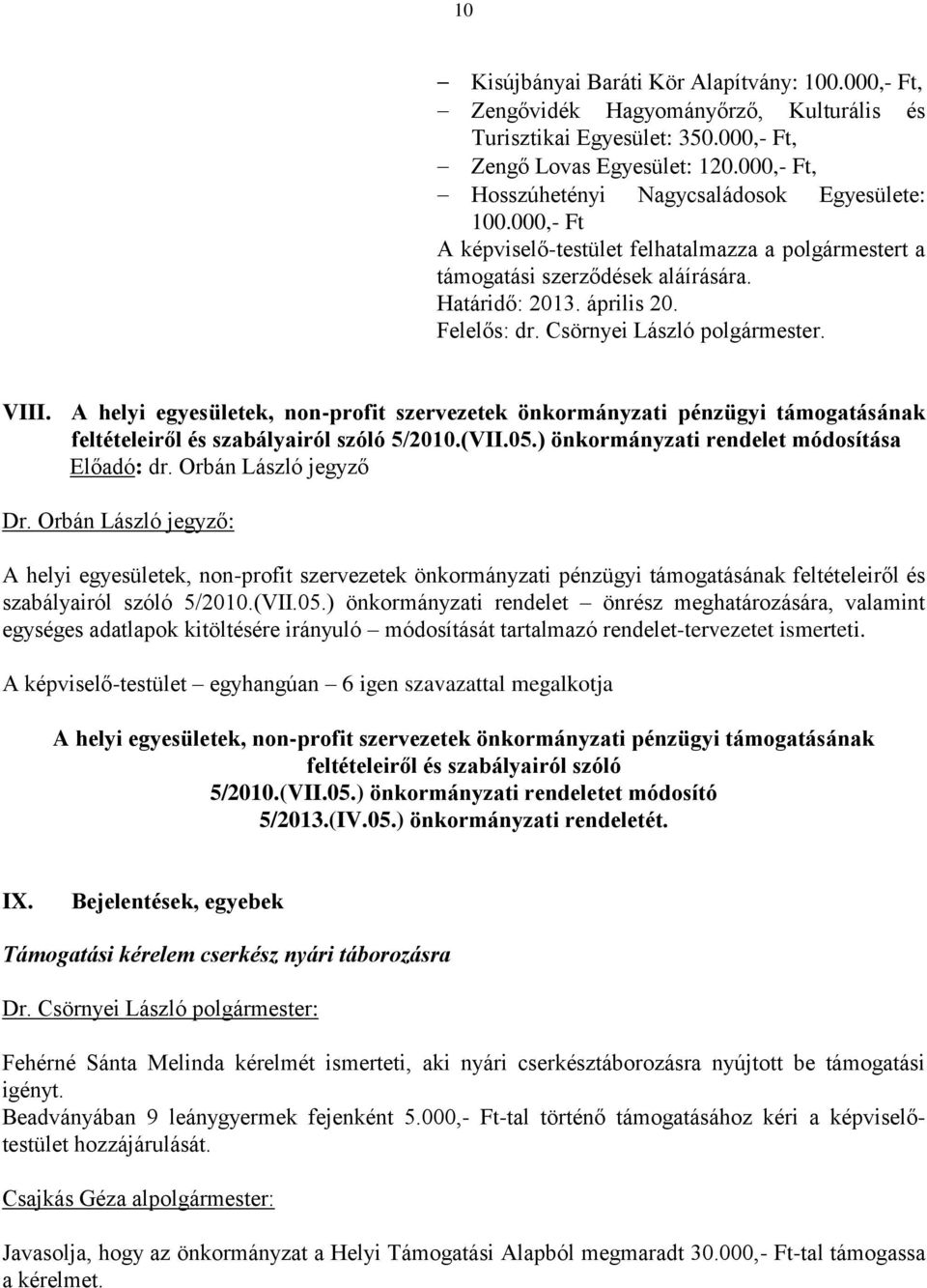 Csörnyei László polgármester. VIII. A helyi egyesületek, non-profit szervezetek önkormányzati pénzügyi támogatásának feltételeiről és szabályairól szóló 5/2010.(VII.05.