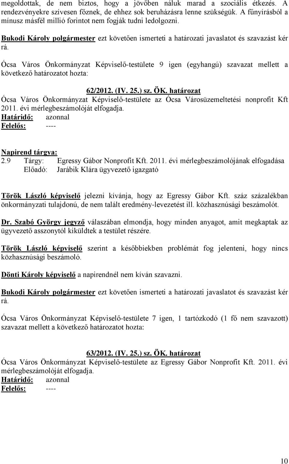 Ócsa Város Önkormányzat Képviselő-testülete 9 igen (egyhangú) szavazat mellett a 62/2012. (IV. 25.) sz. ÖK.