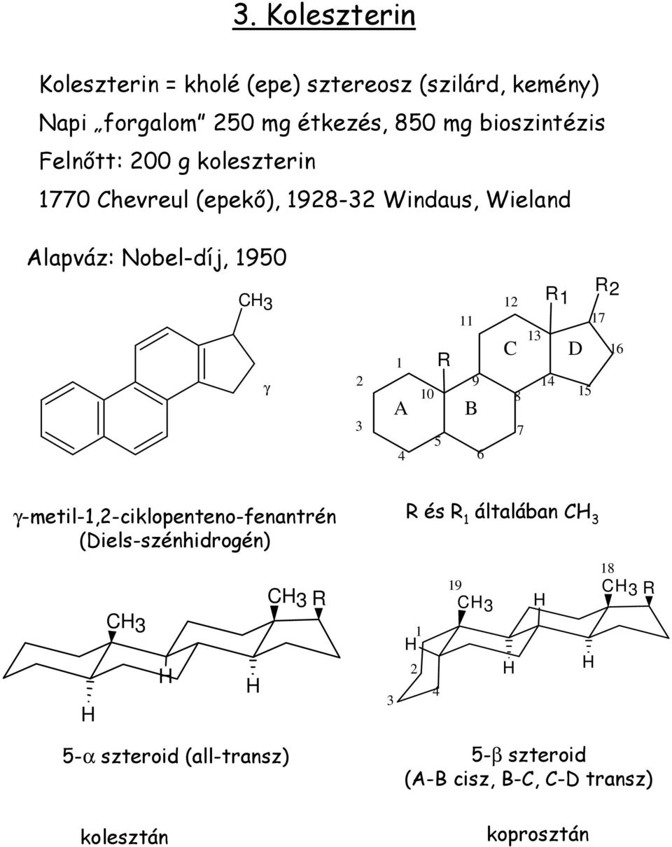 2 3 1 A 4 10 R 5 11 9 B 6 12 C 13 R1 R2 D 8 14 15 7 17 16 γ-metil-1,2-ciklopenteno-fenantrén (Diels-szénhidrogén) R