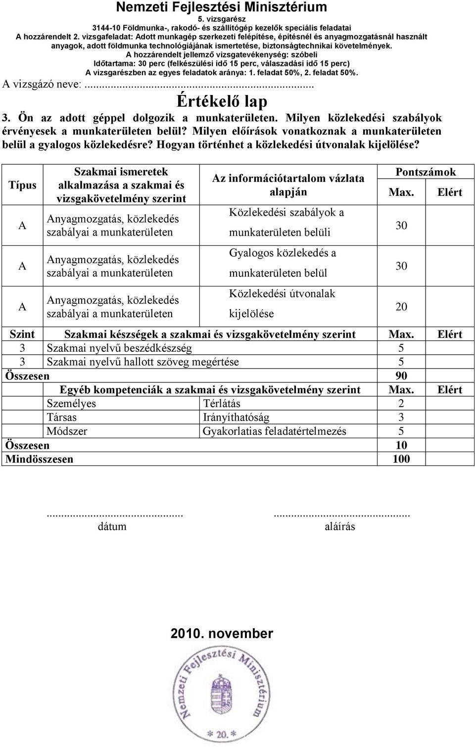 Típus Szakmai ismeretek alkalmazása a szakmai és vizsgakövetelmény szerint nyagmozgatás, közlekedés szabályai a munkaterületen nyagmozgatás, közlekedés szabályai a munkaterületen nyagmozgatás,