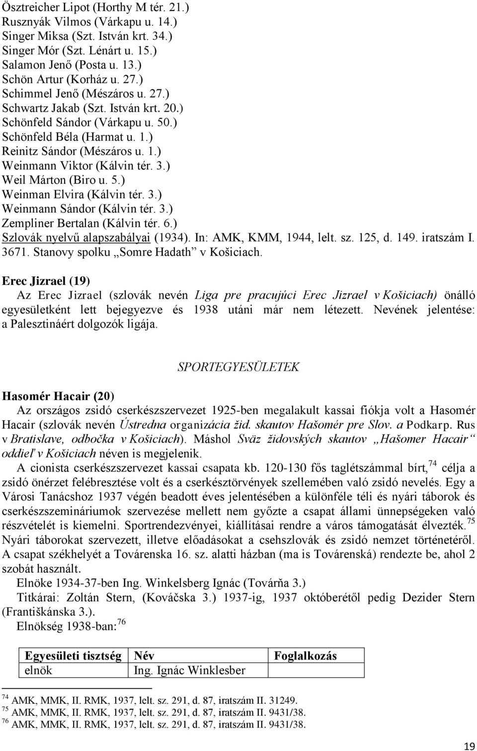 ) Weil Márton (Biro u. 5.) Weinman Elvira (Kálvin tér. 3.) Weinmann Sándor (Kálvin tér. 3.) Zempliner Bertalan (Kálvin tér. 6.) Szlovák nyelvű alapszabályai (1934). In: AMK, KMM, 1944, lelt. sz.