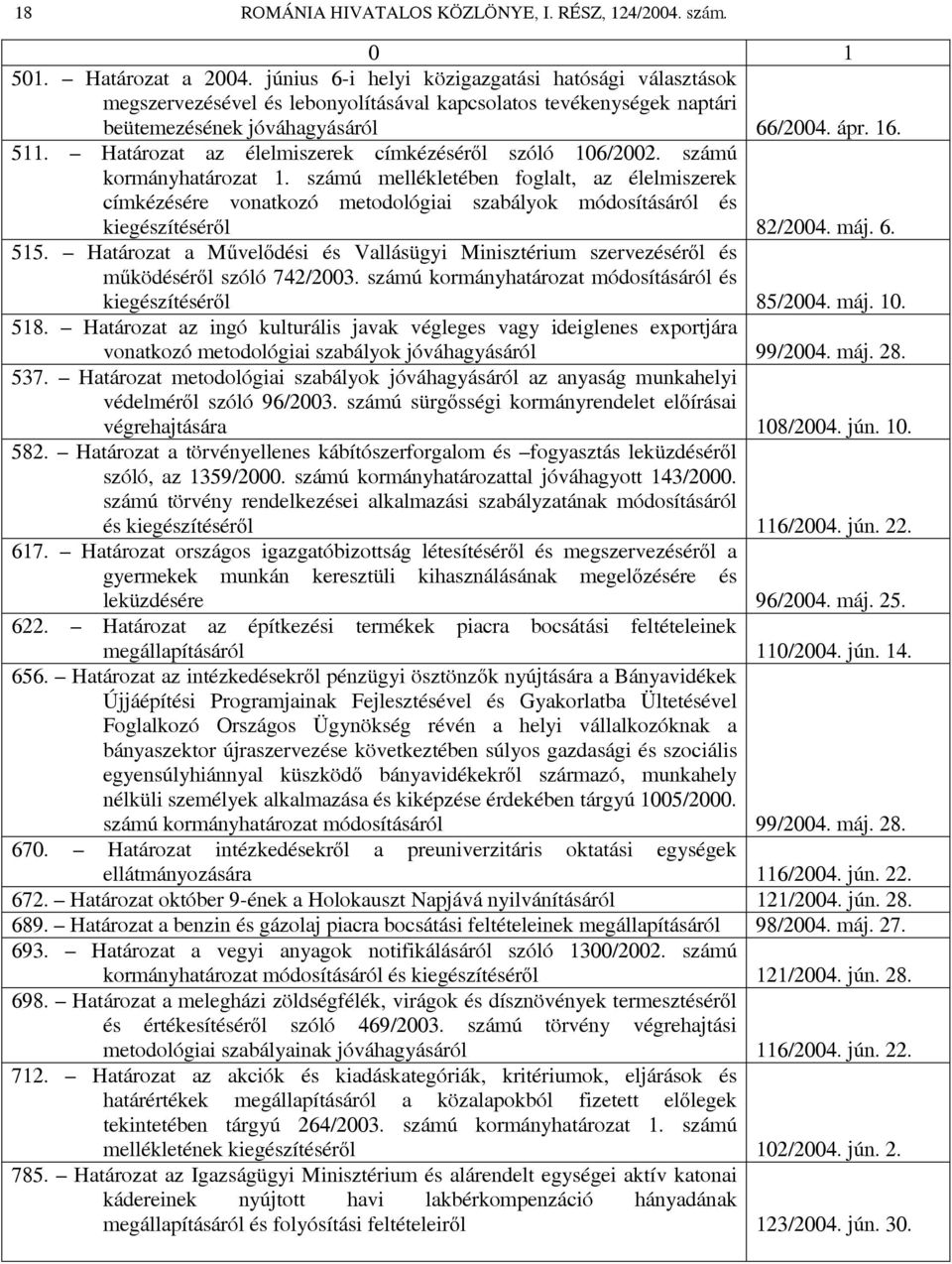 Határozat az élelmiszerek címkézéséről szóló 106/2002. számú kormányhatározat 1.