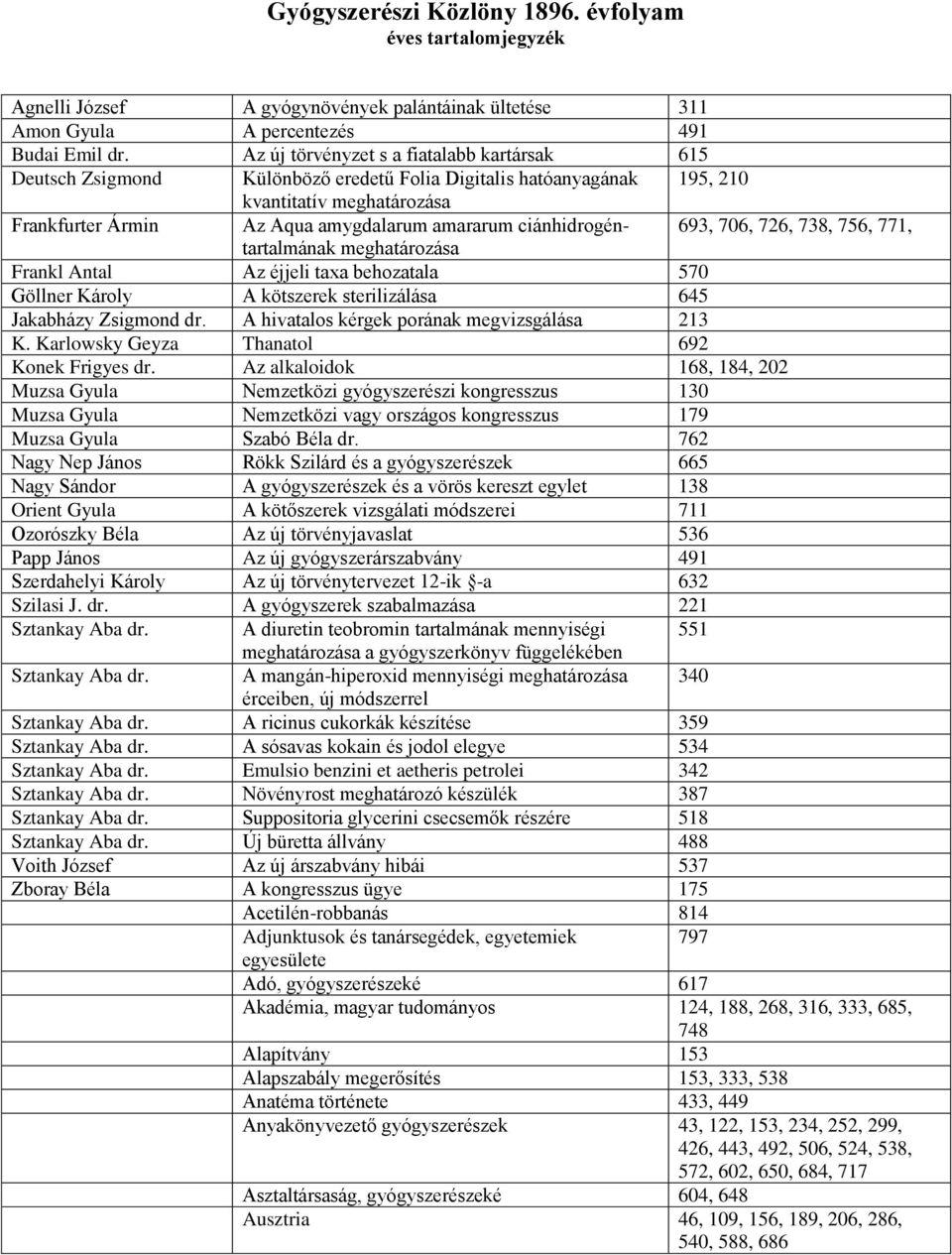 ciánhidrogéntartalmának 693, 706, 726, 738, 756, 771, meghatározása Frankl Antal Az éjjeli taxa behozatala 570 Göllner Károly A kötszerek sterilizálása 645 Jakabházy Zsigmond dr.