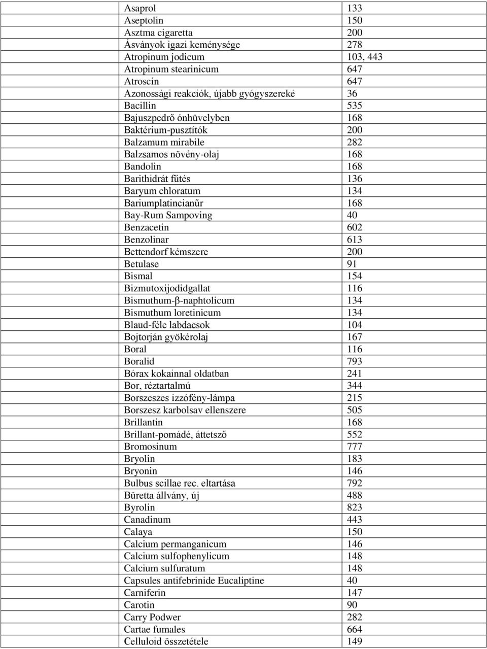 Benzacetin 602 Benzolinar 613 Bettendorf kémszere 200 Betulase 91 Bismal 154 Bizmutoxijodidgallat 116 Bismuthum-β-naphtolicum 134 Bismuthum loretinicum 134 Blaud-féle labdacsok 104 Bojtorján