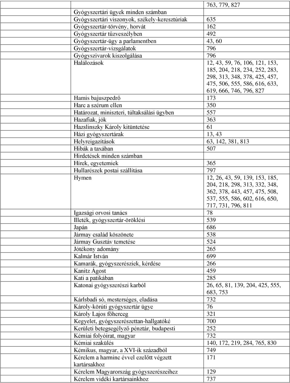 619, 666, 746, 796, 827 Hamis bajuszpedrő 173 Harc a szérum ellen 350 Határozat, miniszteri, túltaksálási ügyben 557 Hazafiak, jók 363 Hazslinszky Károly kitüntetése 61 Házi gyógyszertárak 13, 43