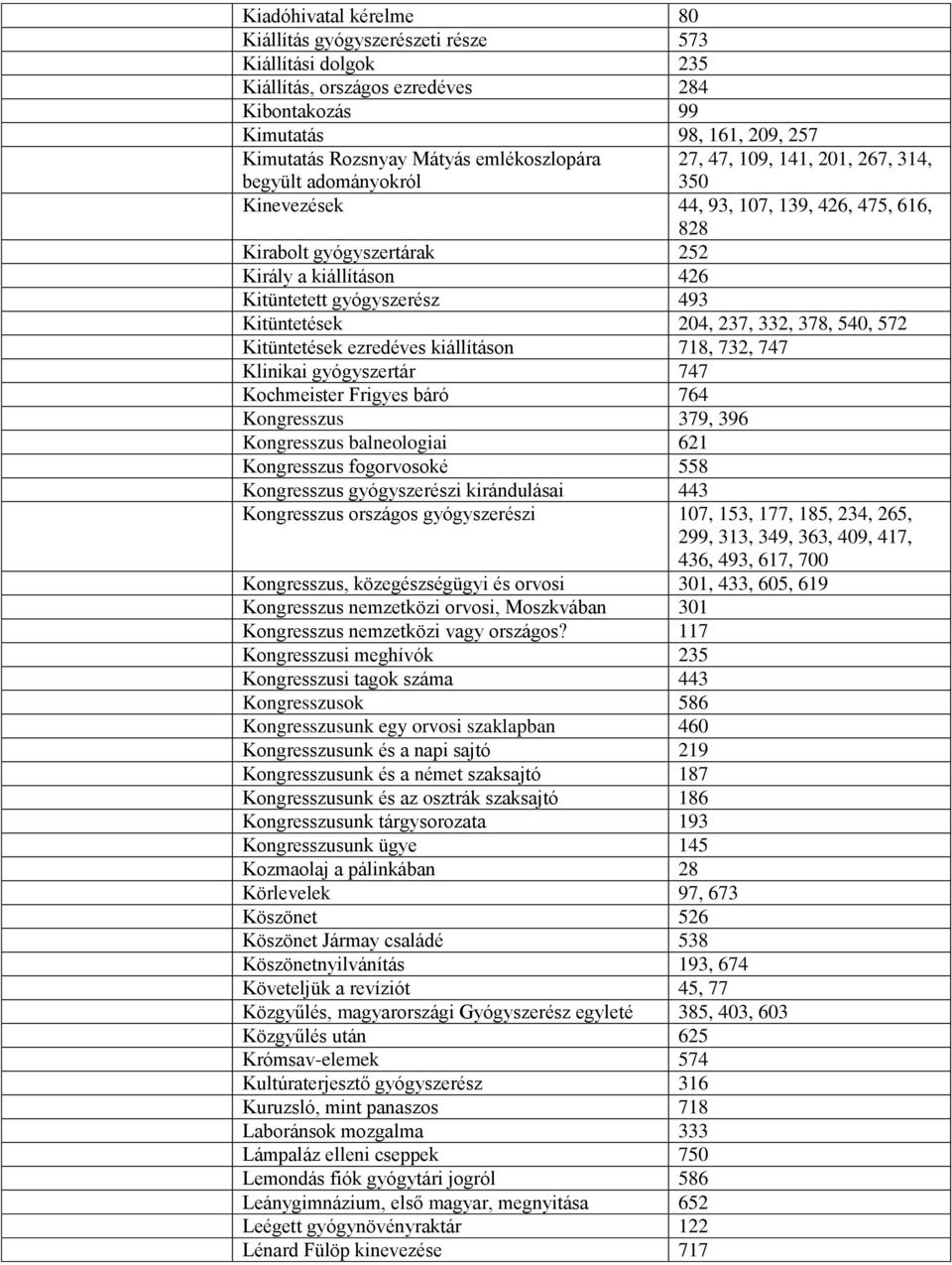 493 Kitüntetések 204, 237, 332, 378, 540, 572 Kitüntetések ezredéves kiállításon 718, 732, 747 Klinikai gyógyszertár 747 Kochmeister Frigyes báró 764 Kongresszus 379, 396 Kongresszus balneologiai 621