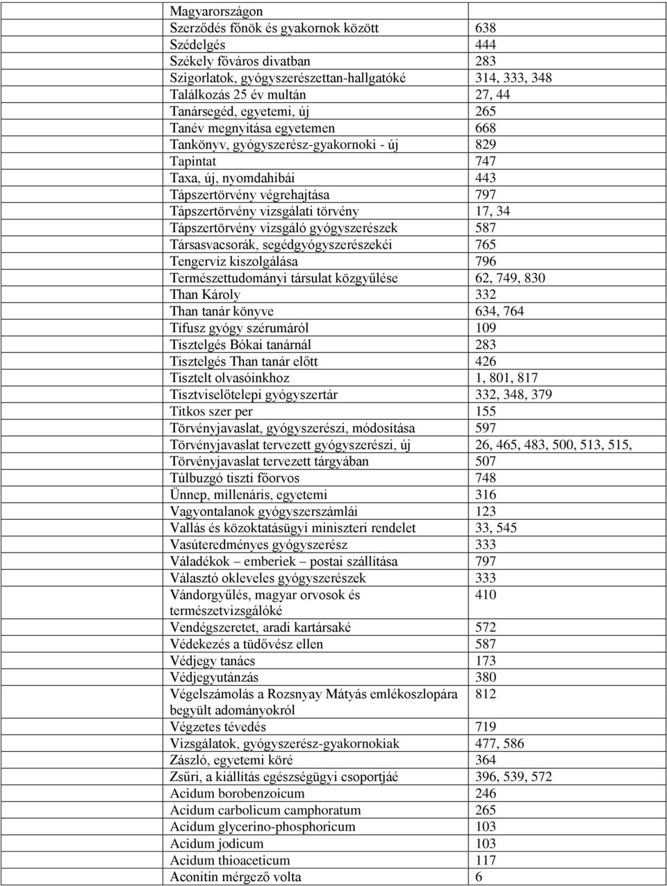 34 Tápszertörvény vizsgáló gyógyszerészek 587 Társasvacsorák, segédgyógyszerészekéi 765 Tengervíz kiszolgálása 796 Természettudományi társulat közgyűlése 62, 749, 830 Than Károly 332 Than tanár