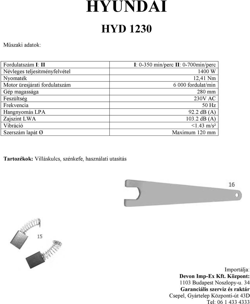 fordulat/min 280 mm 230V AC 50 Hz 92.2 db (A) 103.2 db (A) <1.