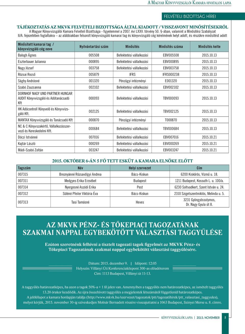 fejezetében foglaltakra az alábbiakban felsorolt könyvvizsgáló kamarai tag és könyvvizsgáló cég kérelmének helyt adott, és részükre minősítést adott Minősített kamarai tag / könyvvizsgáló cég neve