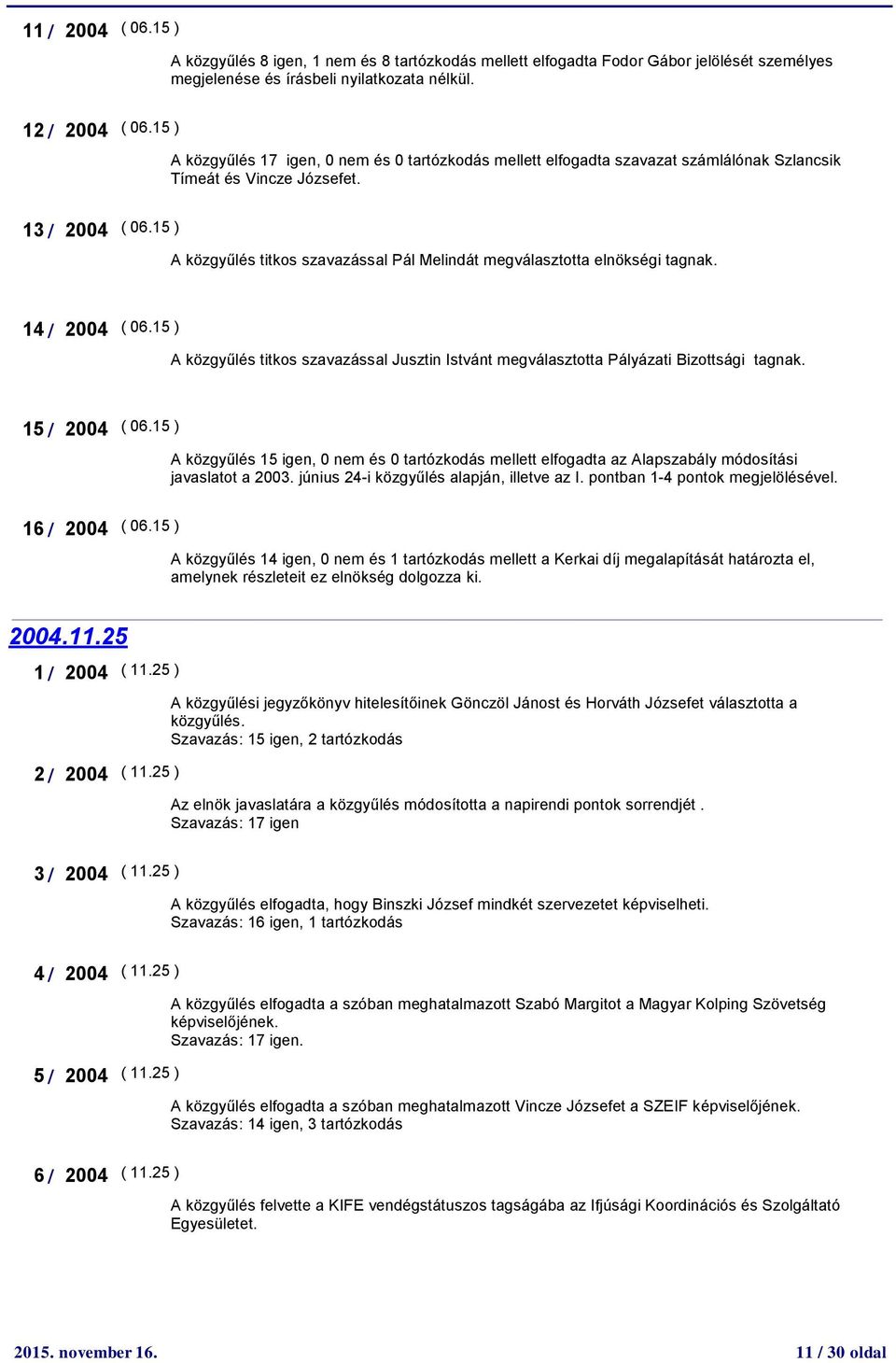 15 ) A közgyűlés titkos szavazással Pál Melindát megválasztotta elnökségi tagnak. 14 / 2004 ( 06.15 ) A közgyűlés titkos szavazással Jusztin Istvánt megválasztotta Pályázati Bizottsági tagnak.