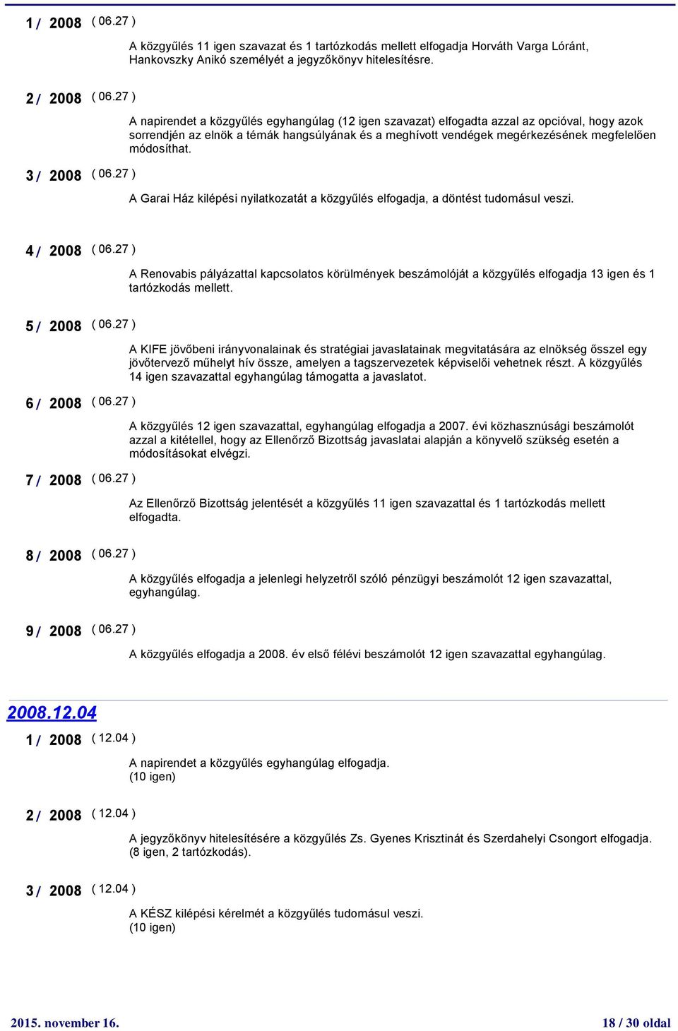 módosíthat. A Garai Ház kilépési nyilatkozatát a közgyűlés elfogadja, a döntést tudomásul veszi. 4 / 2008 ( 06.