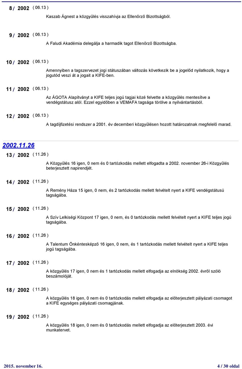 13 ) Az ÁGOTA Alapítványt a KIFE teljes jogú tagjai közé felvette a közgyűlés mentesítve a vendégstátusz alól. Ezzel egyidőben a VEMAFA tagsága törölve a nyilvántartásból. 12 / 2002 ( 06.