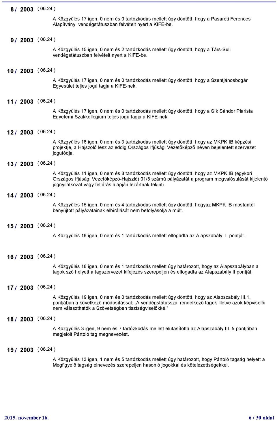 24 ) A Közgyűlés 17 igen, 0 nem és 0 tartózkodás mellett úgy döntött, hogy a Szentjánosbogár Egyesület teljes jogú tagja a KIFE-nek. 11 / 2003 ( 06.