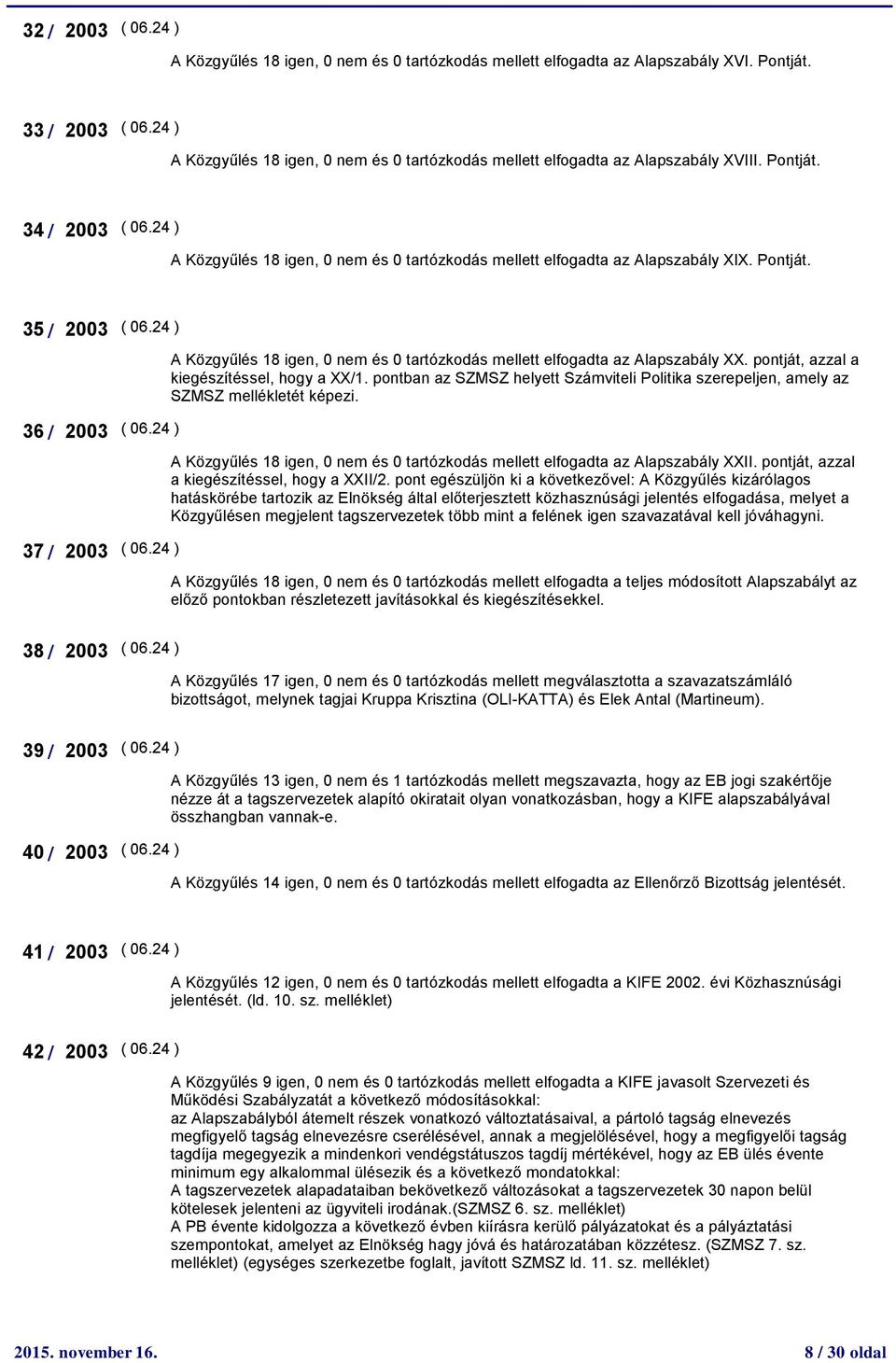 Pontját. 35 / 2003 ( 06.24 ) 36 / 2003 ( 06.24 ) 37 / 2003 ( 06.24 ) A Közgyűlés 18 igen, 0 nem és 0 tartózkodás mellett elfogadta az Alapszabály XX. pontját, azzal a kiegészítéssel, hogy a XX/1.