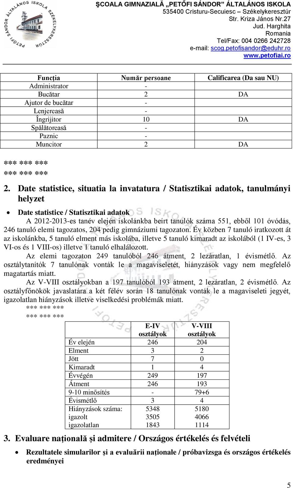 elemi tagozatos, 204 pedig gimnáziumi tagozaton. Év közben 7 iratkozott át az iskolánkba, 5 elment más iskolába, illetve 5 kimaradt az iskolából (1 IV-es, 3 VI-os és 1 VIII-os) illetve 1 elhalálozott.