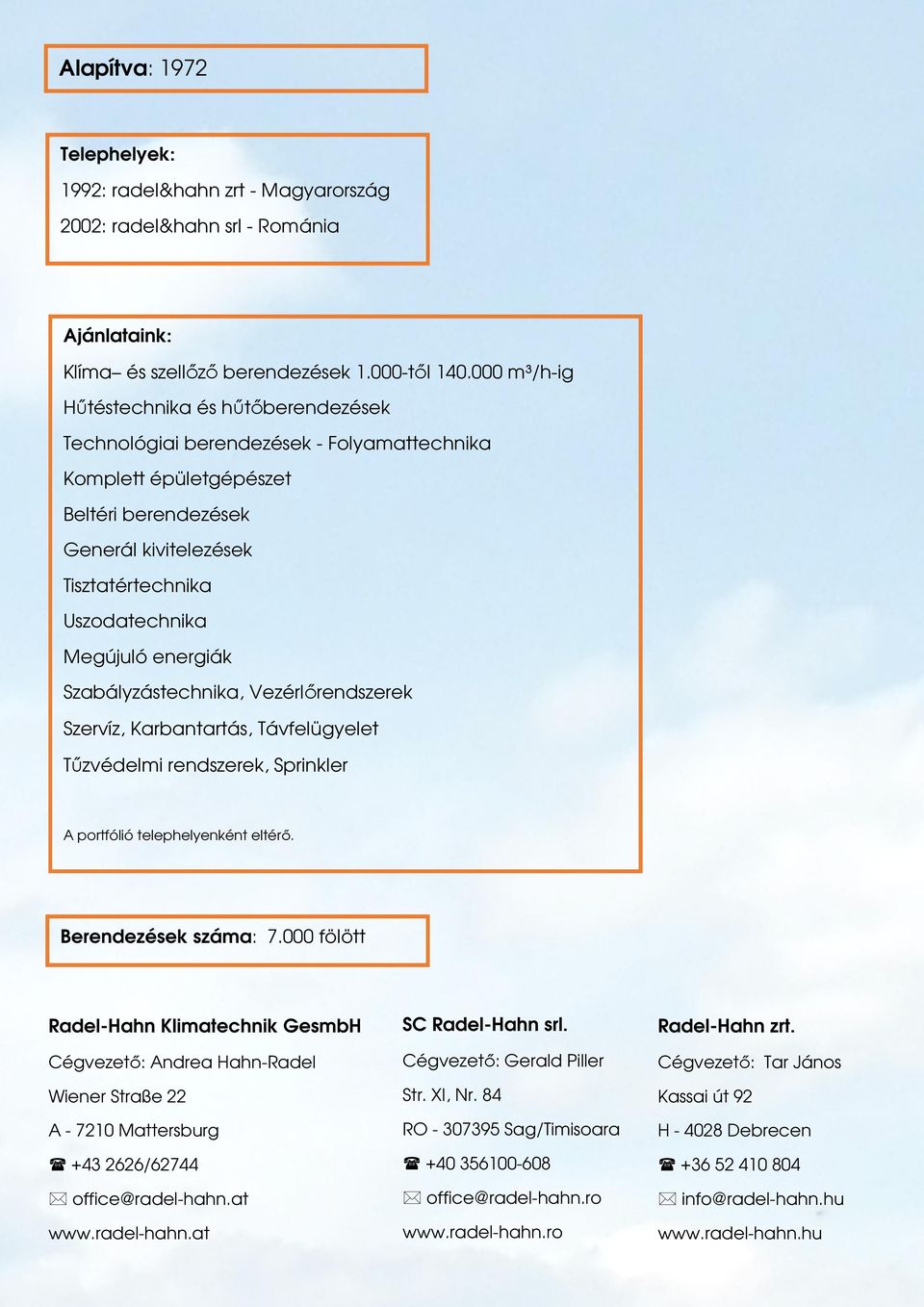 energiák Szabályzástechnika, Vezérlırendszerek Szervíz, Karbantartás, Távfelügyelet Tőzvédelmi rendszerek, Sprinkler A portfólió telephelyenként eltérı. Berendezések száma: 7.