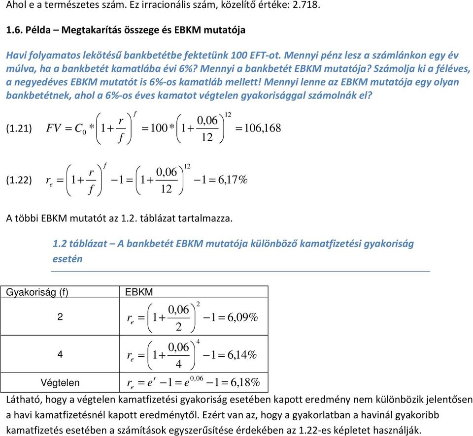 Meyi lee az EBKM mutatója egy olya bakbetétek, ahol a 6%-os éves kamatot végtele gyakoisággal számolák el?,6 (.2) FV C * + * + 6, 68 f 2 f,6 (.22) e + + 6,7% f 2 f A többi EBKM mutatót az.2. táblázat tatalmazza.