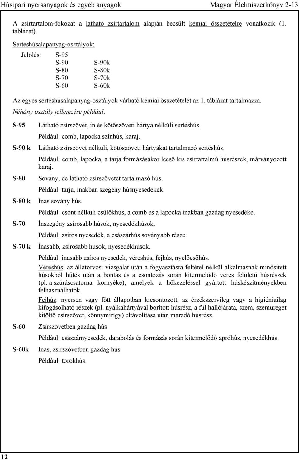 Néhány osztály jellemzése például: S-95 Látható zsírszövet, ín és kötőszöveti hártya nélküli sertéshús. Például: comb, lapocka színhús, karaj.