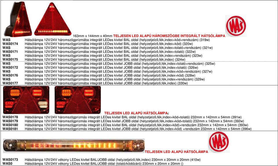 (helyzetjelző,fék,index+tolató+rendszám) (321w) WAS0171 Hátsólámpa 12V/24V háromszögprizmába integrált LEDes kivitel BAL oldal (helyzetjelző,fék,index+tolató) (322w) WAS Hátsólámpa 12V/24V