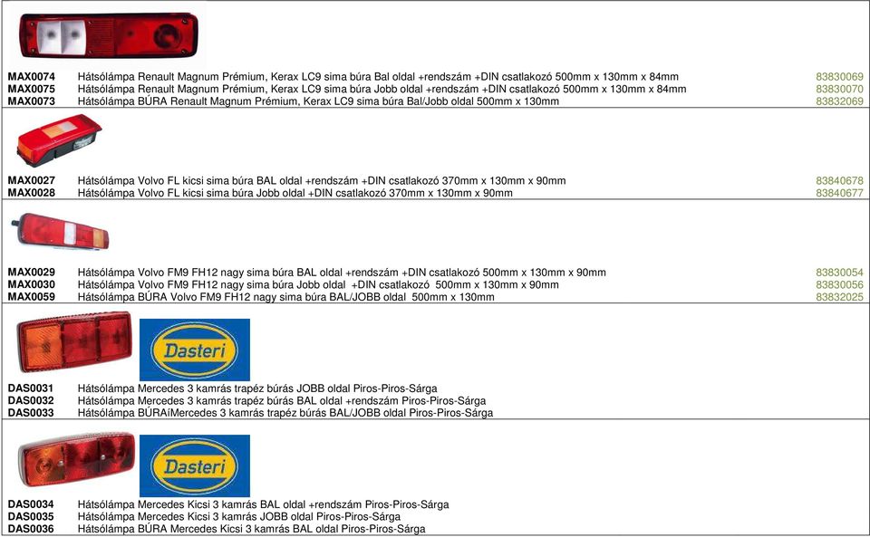 kicsi sima búra BAL oldal +rendszám +DIN csatlakozó 370mm x 130mm x 90mm 83840678 MAX0028 Hátsólámpa Volvo FL kicsi sima búra Jobb oldal +DIN csatlakozó 370mm x 130mm x 90mm 83840677 MAX0029