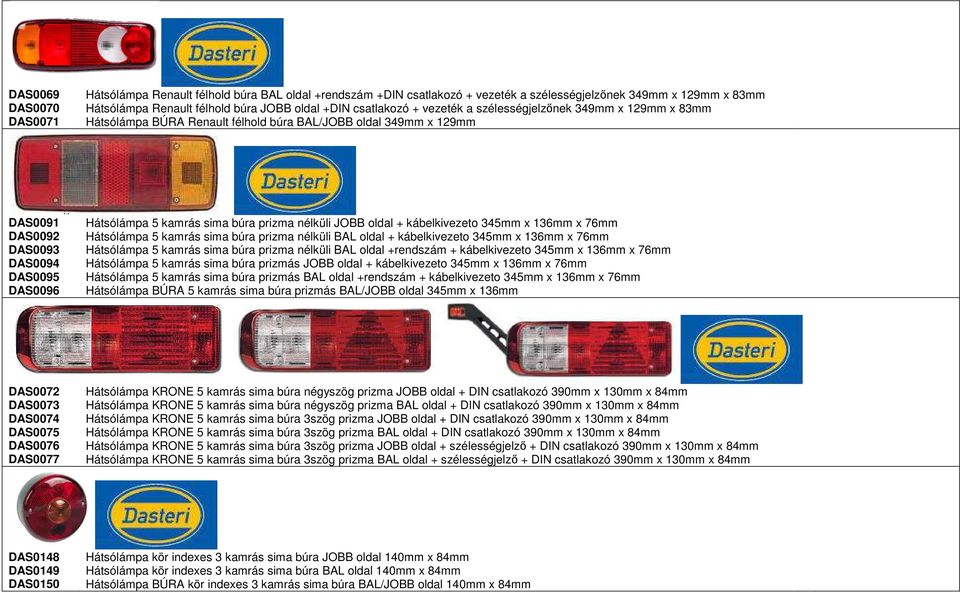 kábelkivezeto 345mm x 136mm x 76mm DAS0092 Hátsólámpa 5 kamrás sima búra prizma nélküli BAL oldal + kábelkivezeto 345mm x 136mm x 76mm DAS0093 Hátsólámpa 5 kamrás sima búra prizma nélküli BAL oldal